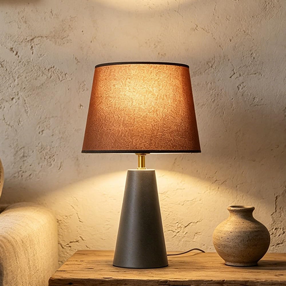 Genewatt Modern Bedside Table Lamp – Linen Shade, Black Metal Base