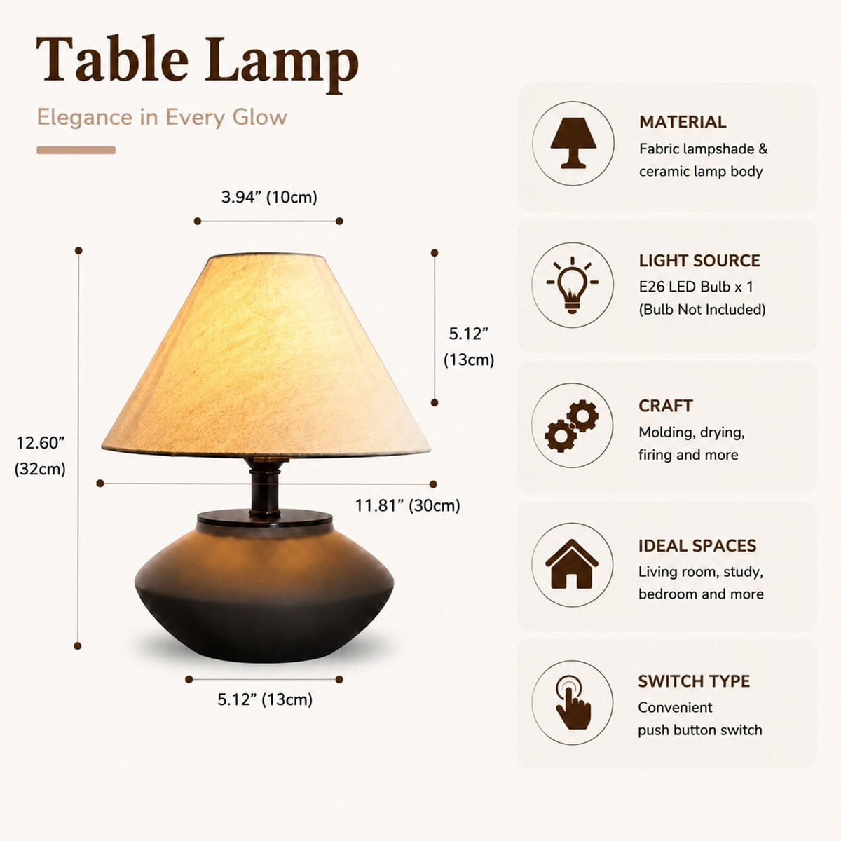 Genewatt Farmhouse Ceramic Table Lamp – Black Base, Linen Shade