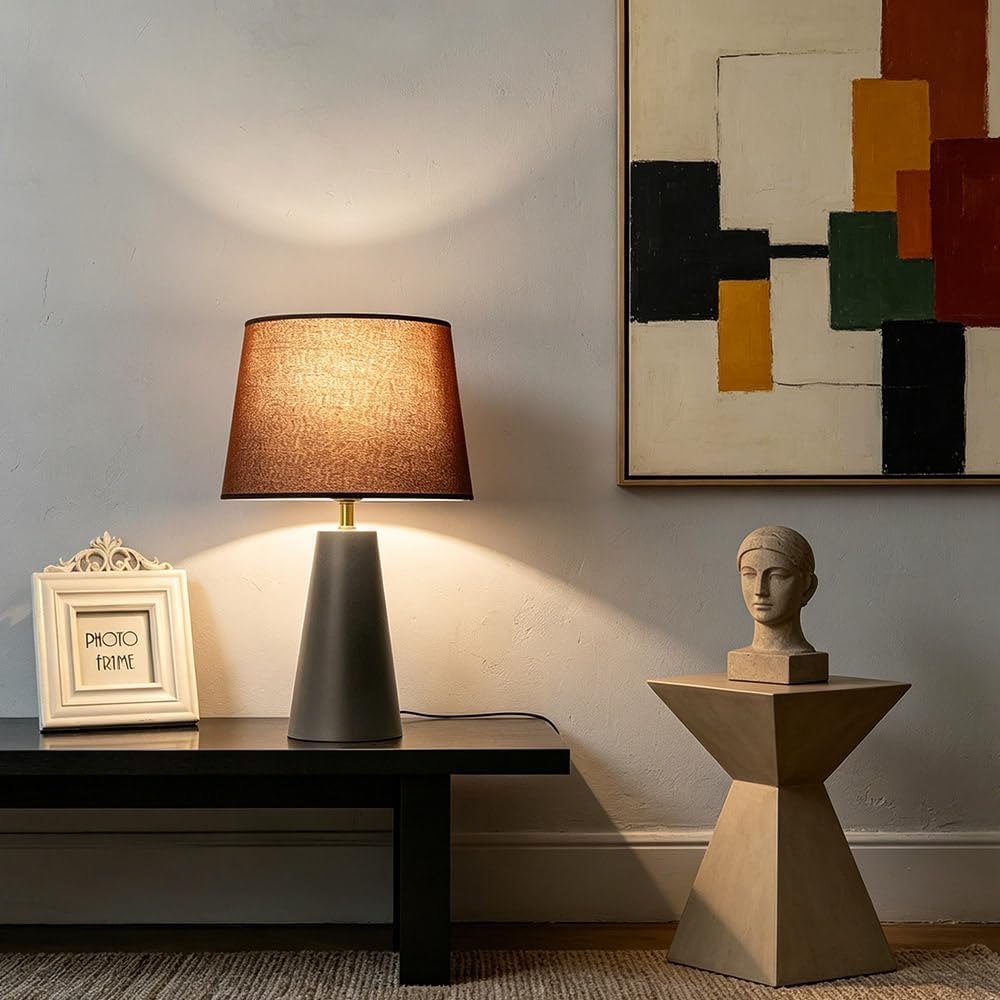 Genewatt Modern Bedside Table Lamp – Linen Shade, Black Metal Base