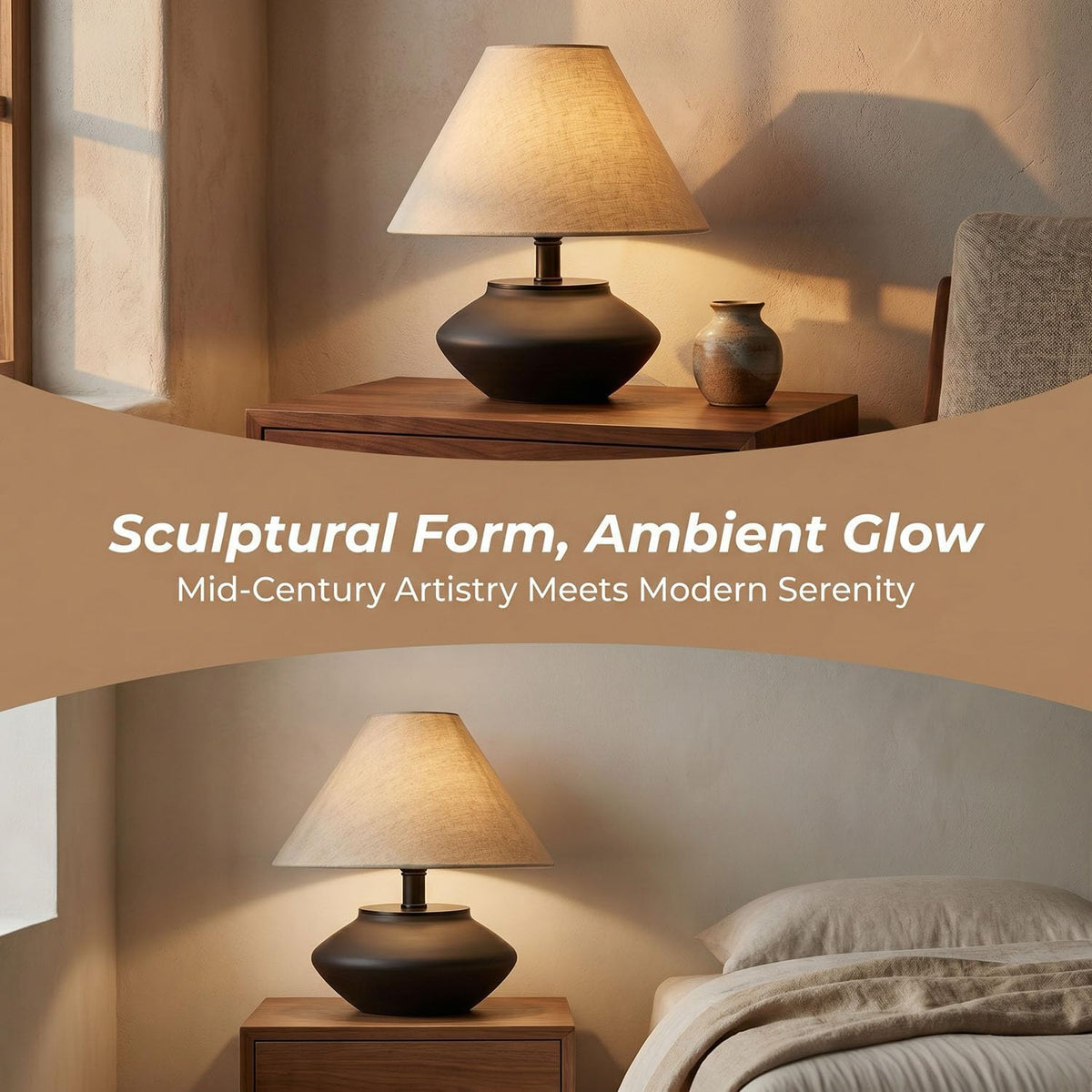 Genewatt Farmhouse Ceramic Table Lamp – Black Base, Linen Shade