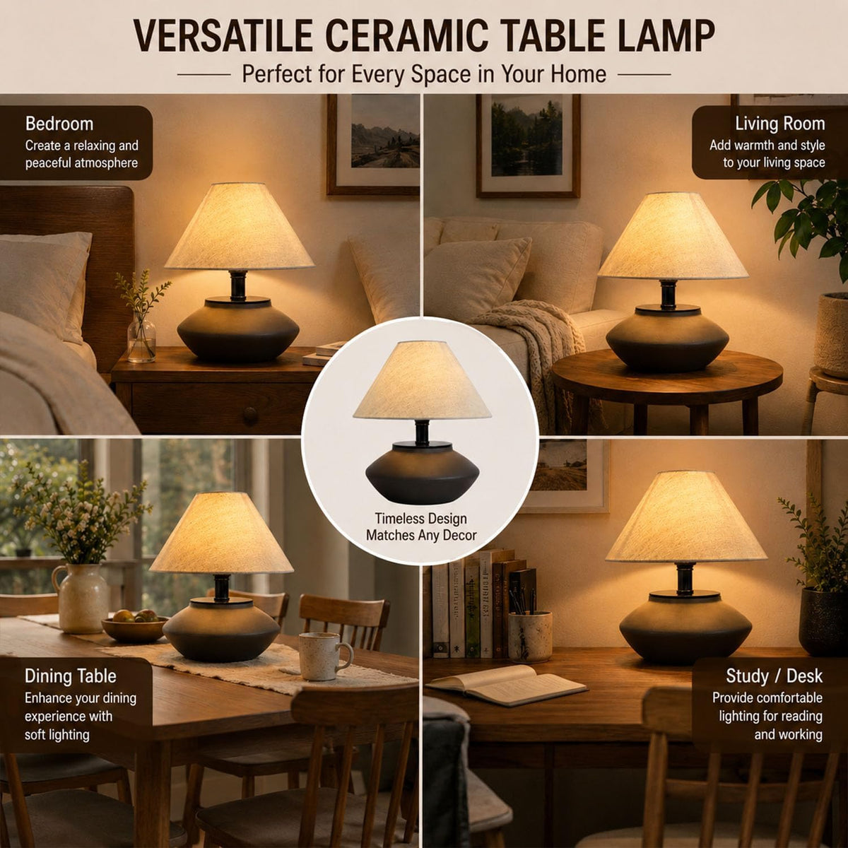 Genewatt Farmhouse Ceramic Table Lamp – Black Base, Linen Shade
