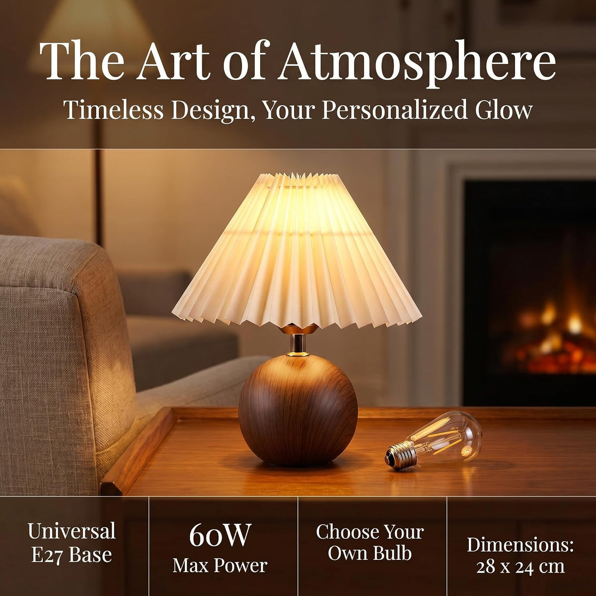 Genewatt Ceramic Globe Table Lamp – Walnut Base, Beige Shade