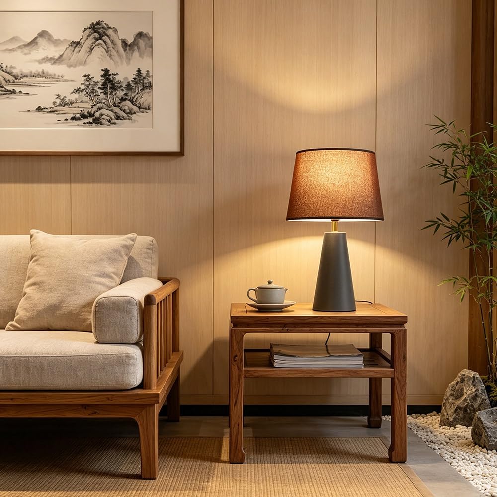 Genewatt Modern Bedside Table Lamp – Linen Shade, Black Metal Base