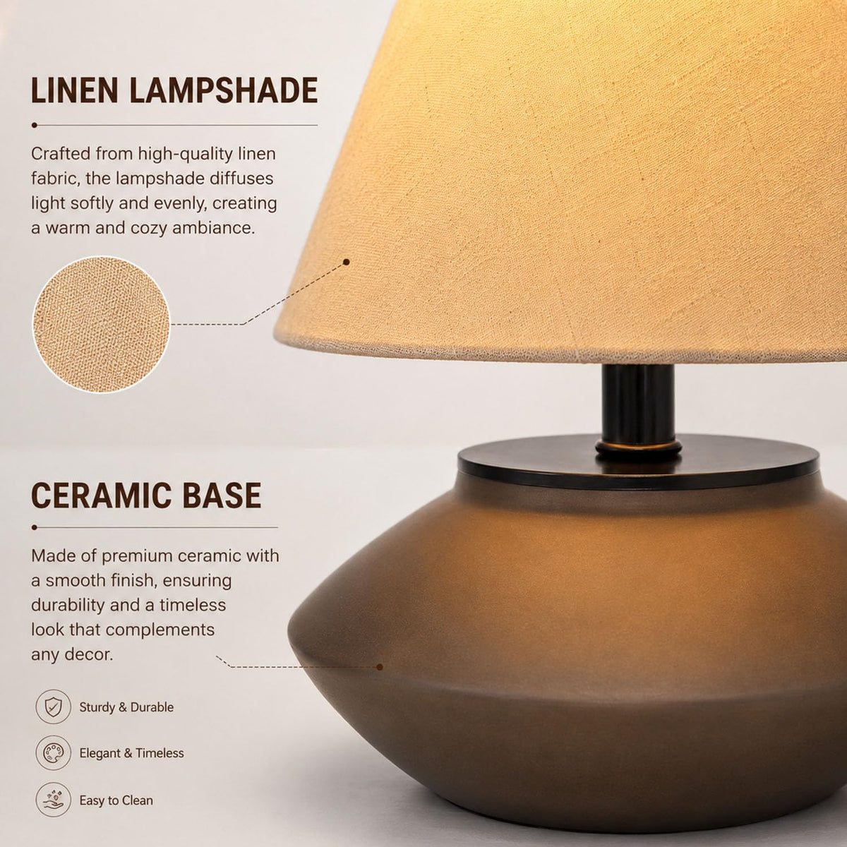 Genewatt Farmhouse Ceramic Table Lamp – Black Base, Linen Shade