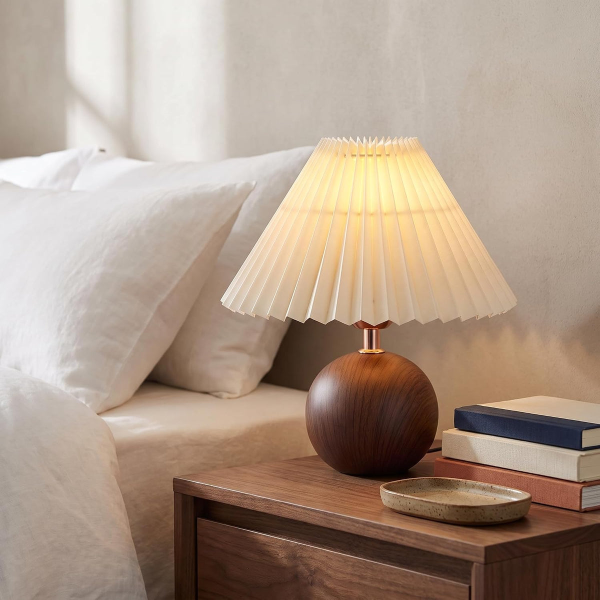 Genewatt Ceramic Globe Table Lamp – Walnut Base, Beige Shade