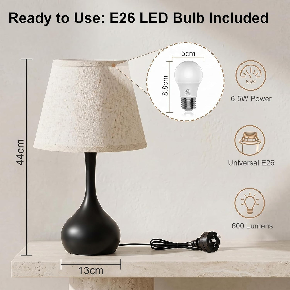 Genewatt Touch Bedside Table Lamp – 3-Way Dimmable with Fabric Shade
