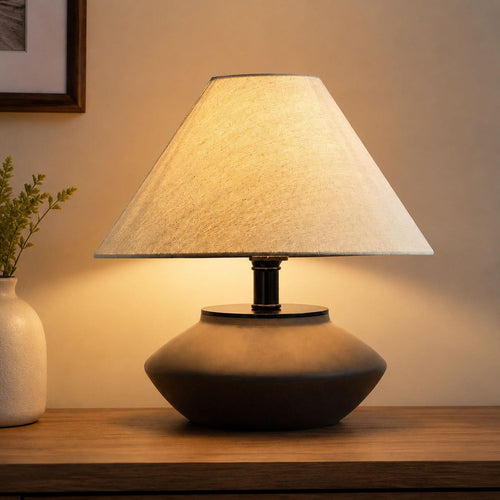 Genewatt Farmhouse Ceramic Table Lamp – Black Base, Linen Shade