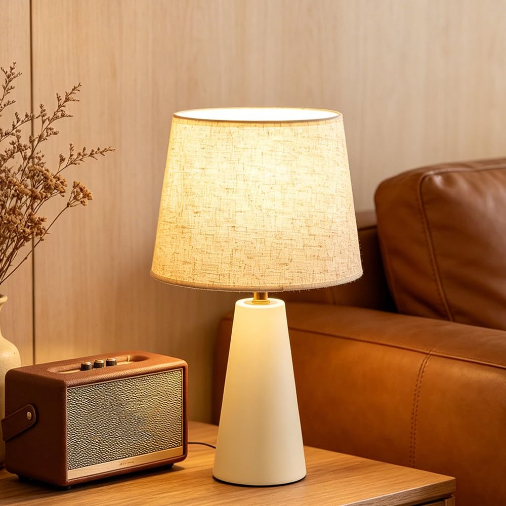 Genewatt Modern Bedside Table Lamp – Linen Shade, Black Metal Base
