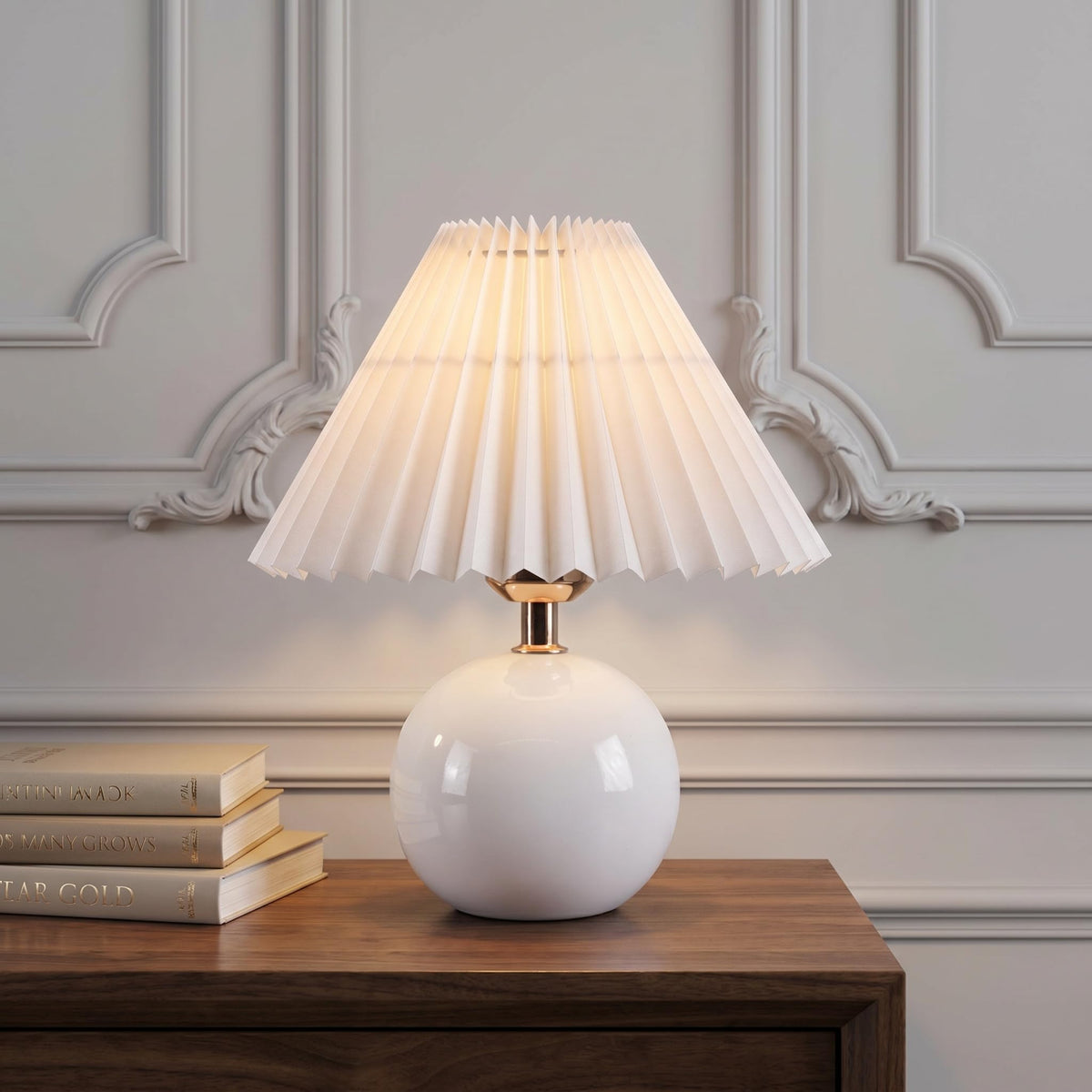 Genewatt Ceramic Globe Table Lamp – Walnut Base, Beige Shade