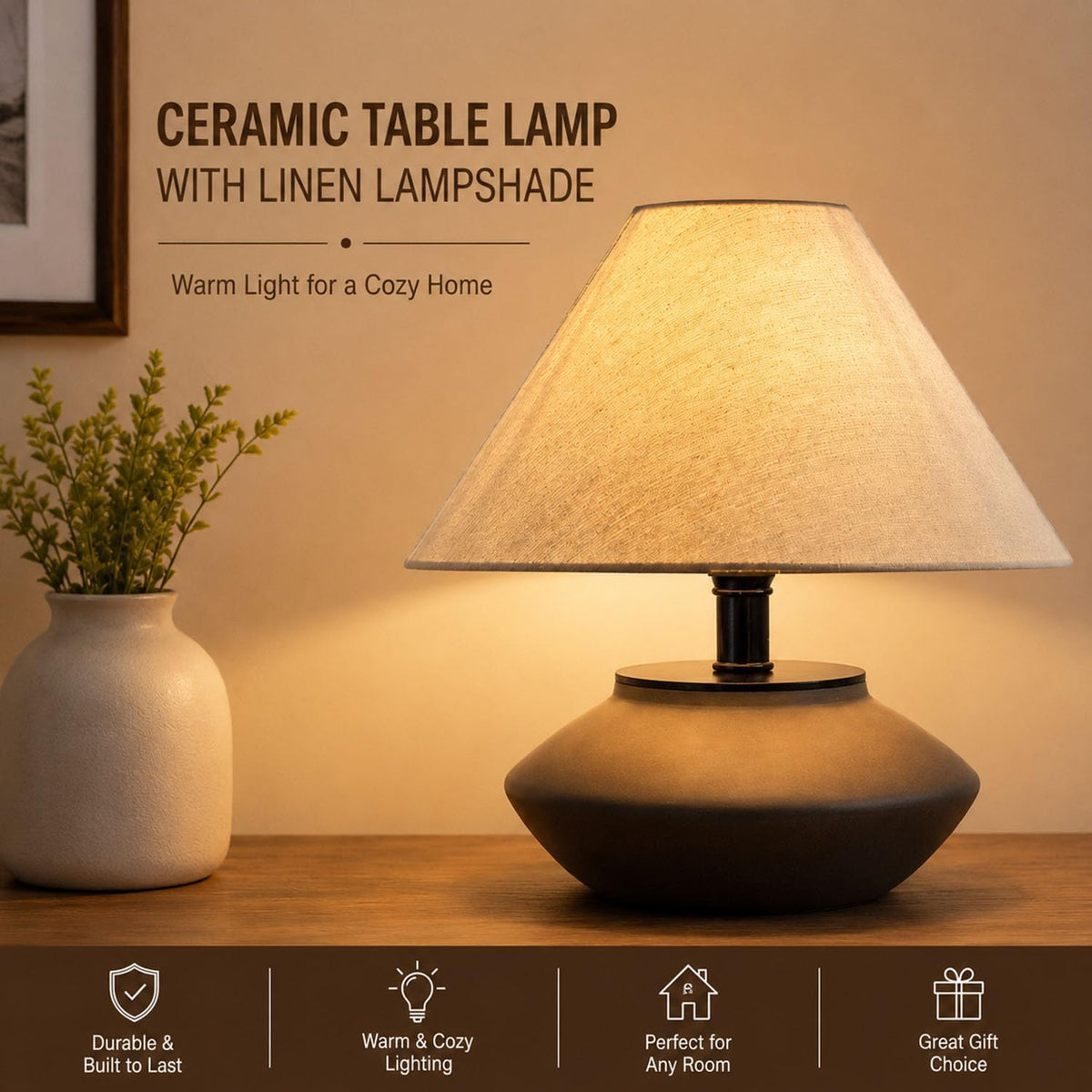 Genewatt Farmhouse Ceramic Table Lamp – Black Base, Linen Shade