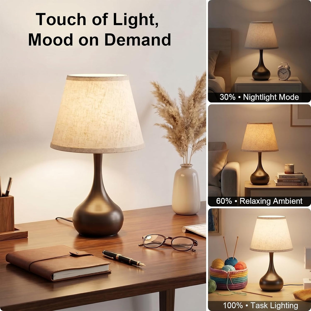 Genewatt Touch Bedside Table Lamp – 3-Way Dimmable with Fabric Shade