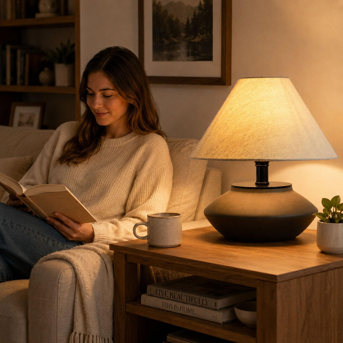 Genewatt Farmhouse Ceramic Table Lamp – Black Base, Linen Shade