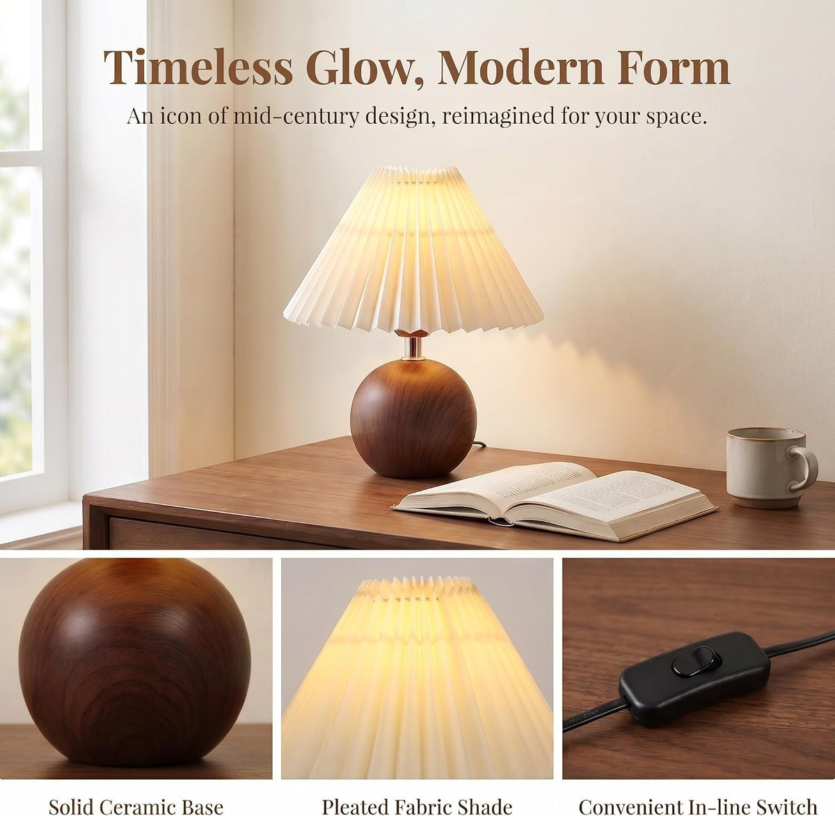 Genewatt Ceramic Globe Table Lamp – Walnut Base, Beige Shade